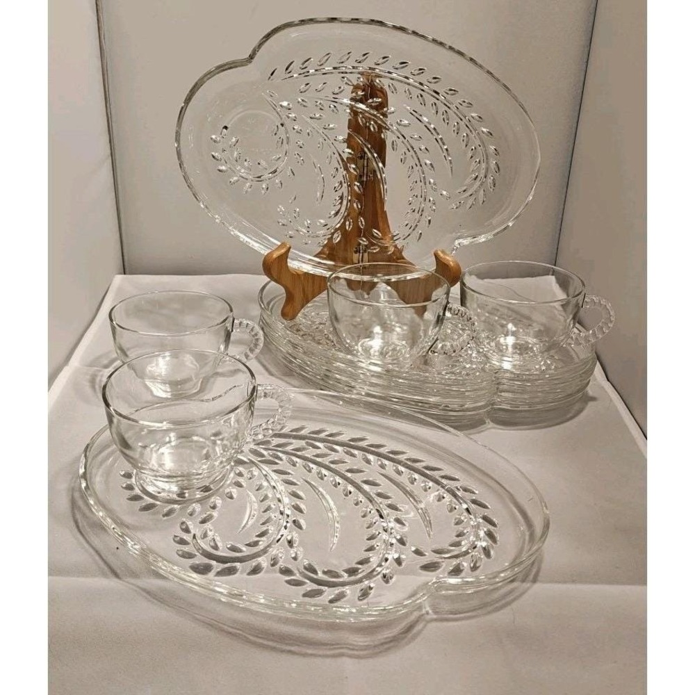 Federal Glass Homestead Wheat Snack Set 5 Plates 4 Cups Clear MCM